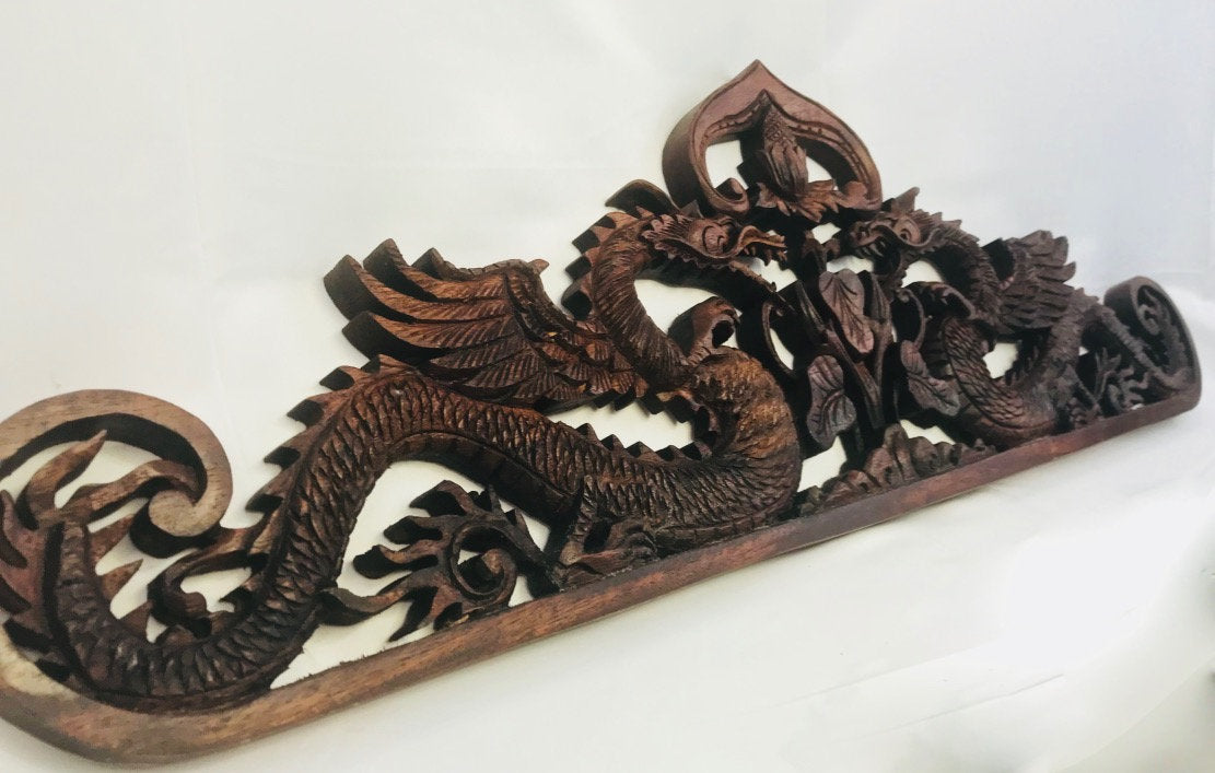 Balinese Twin Dragon Naga Relief Panel Hand Carved Wood Bali wall art 31&quot; - Acadia World Traders