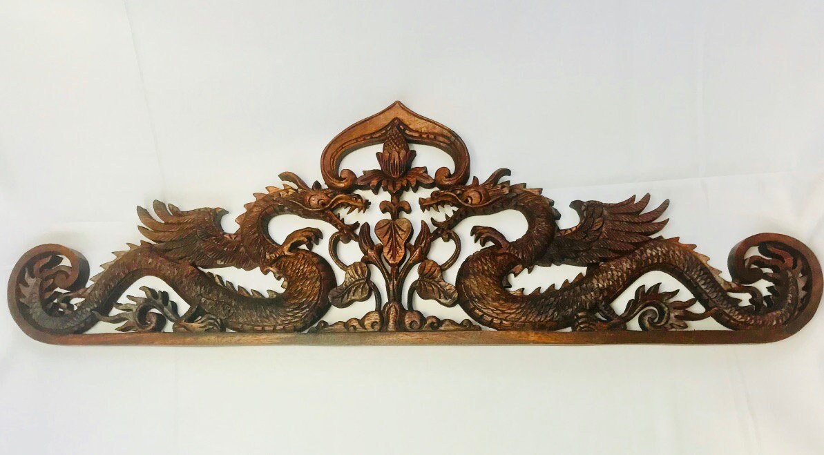 Balinese Twin Dragon Naga Relief Panel Hand Carved Wood Bali wall art 31&quot; - Acadia World Traders