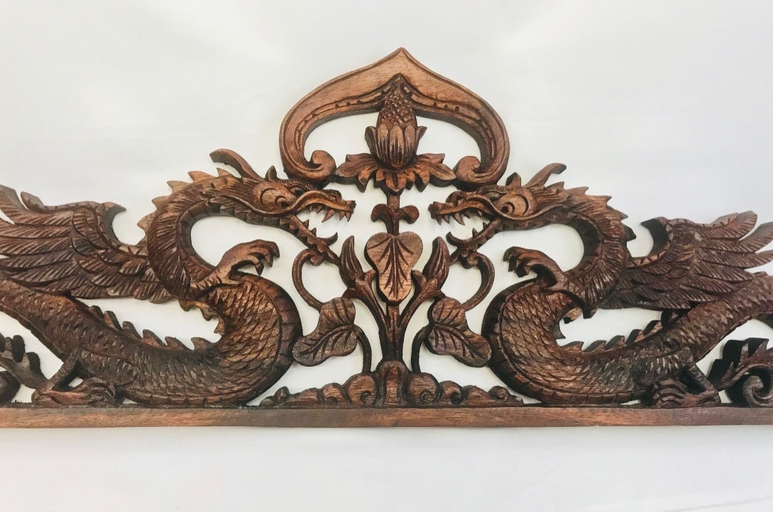 Balinese Twin Dragon Naga Relief Panel Hand Carved Wood Bali wall art 31&quot; - Acadia World Traders