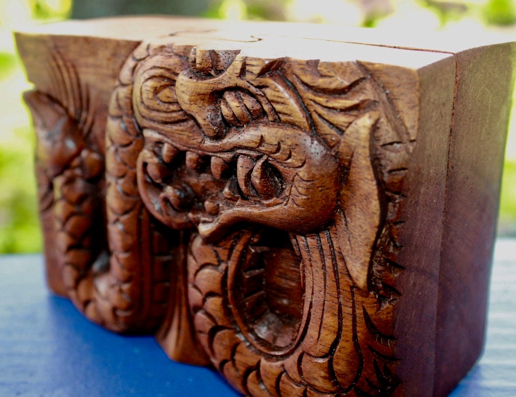 Carved Wood Dragon Secret Box: Balinese Stash Trinket Box