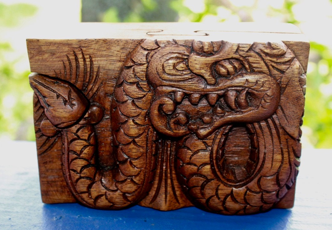 Carved Wood Dragon Secret Box: Balinese Stash Trinket Box