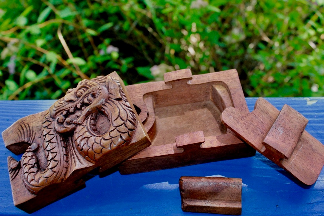 Carved Wood Dragon Secret Box: Balinese Stash Trinket Box