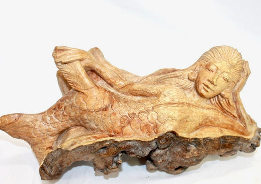 Mermaid Statue Parasite Mushroom Wood Carving Sculpture Bali Art - Acadia World Traders