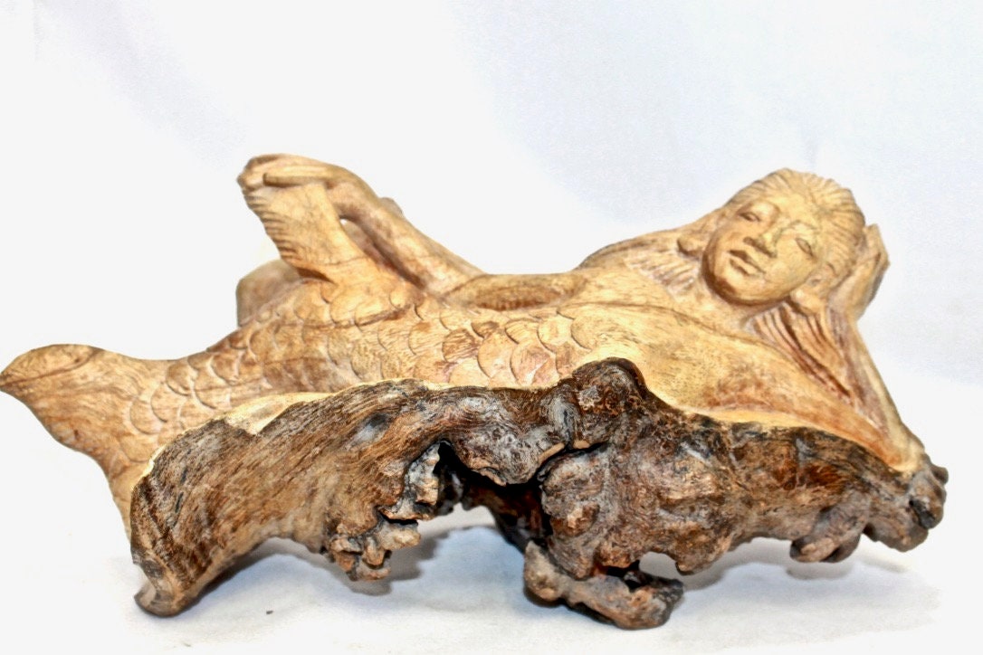 Mermaid Statue Parasite Mushroom Wood Carving Sculpture Bali Art - Acadia World Traders