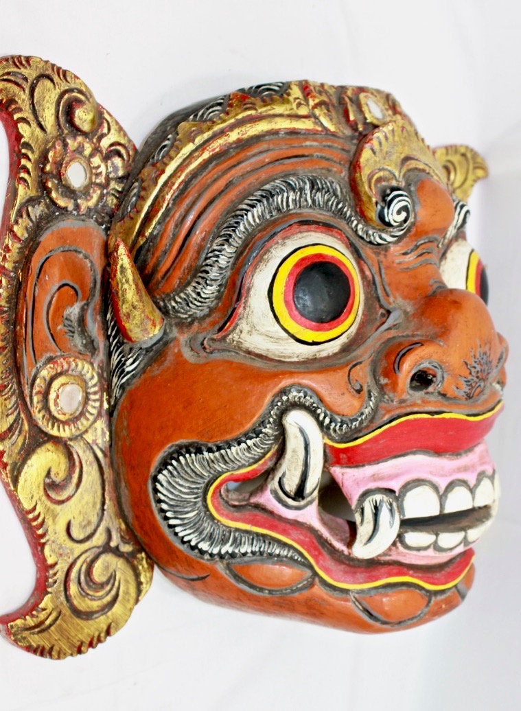 Balinese Raksasa Demon Mask Topeng Hand Carved wood Polychrome Vintage Bali Art - Acadia World Traders