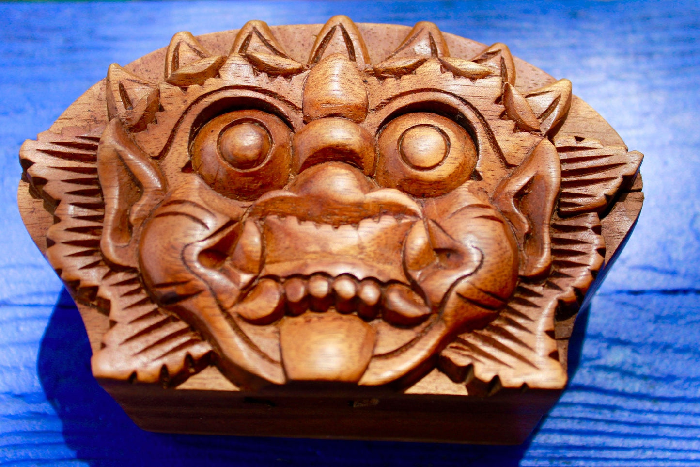 Balinese Barong Demon Wood Puzzle Box Carving: Bali Boma Secret Stash Box