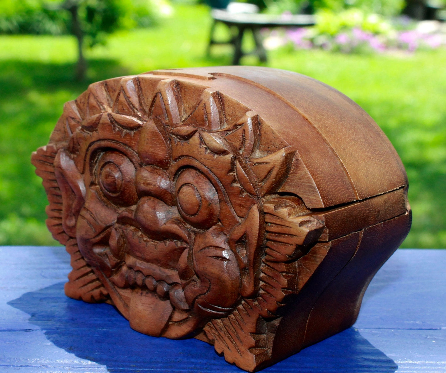 Balinese Barong Demon Wood Puzzle Box Carving: Bali Boma Secret Stash Box