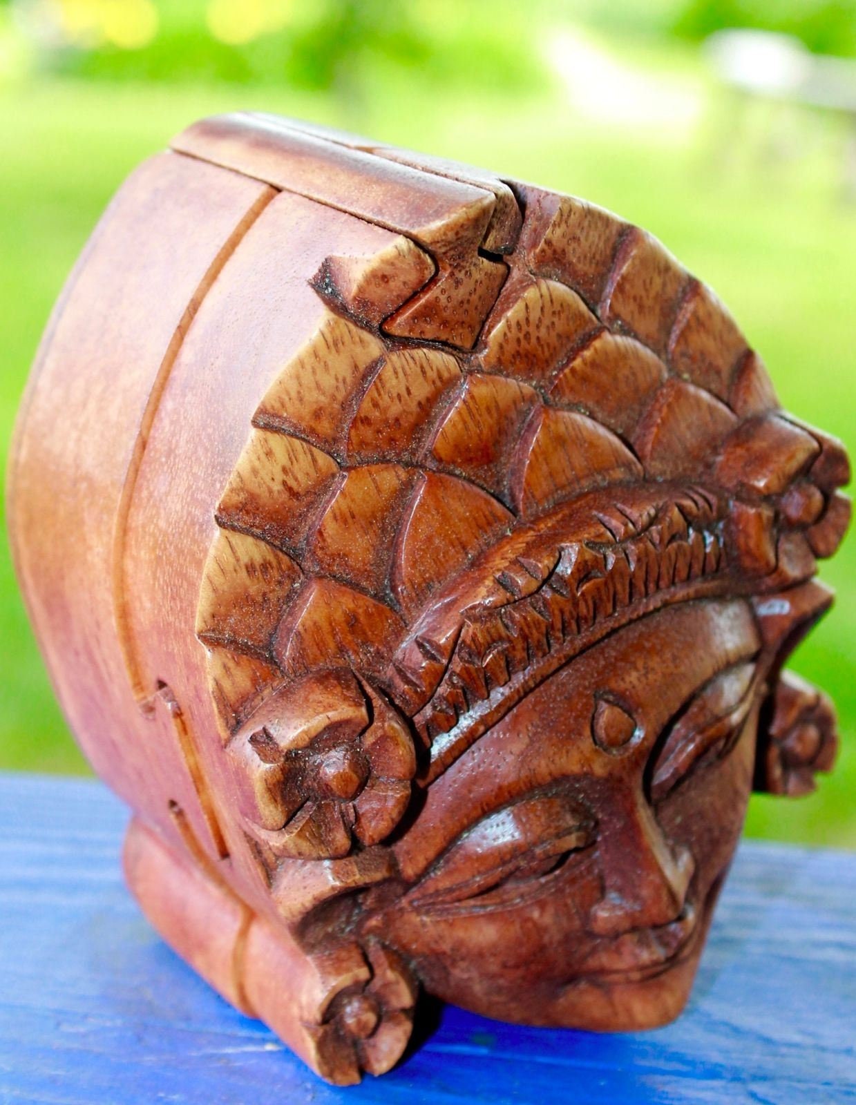 Balinese Dewi Sri Goddess Puzzle Box: Hand Carved Wood Stash Box