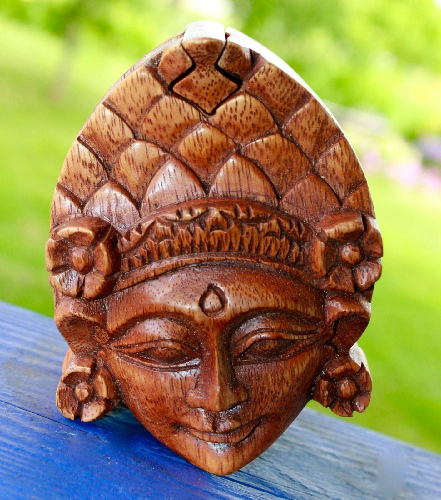 Balinese Dewi Sri Goddess Puzzle Box: Hand Carved Wood Stash Box