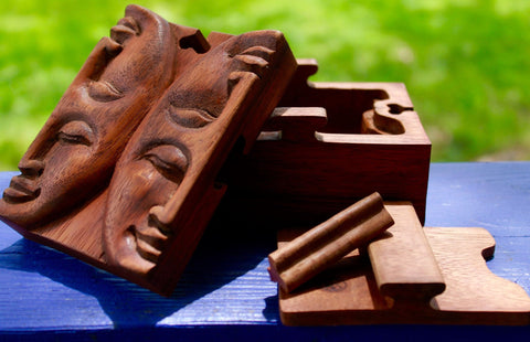 Balinese Lunar Moon Phase Waxing & Waning Secret puzzle Box Stash Trinket jewelry gift box carved suar wood Bali Art