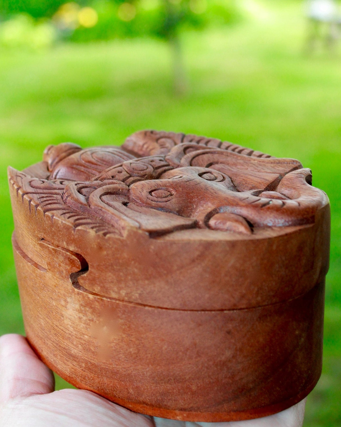 Carved Ganesha Puzzle Box: Balinese Elephant Wood Stash Box