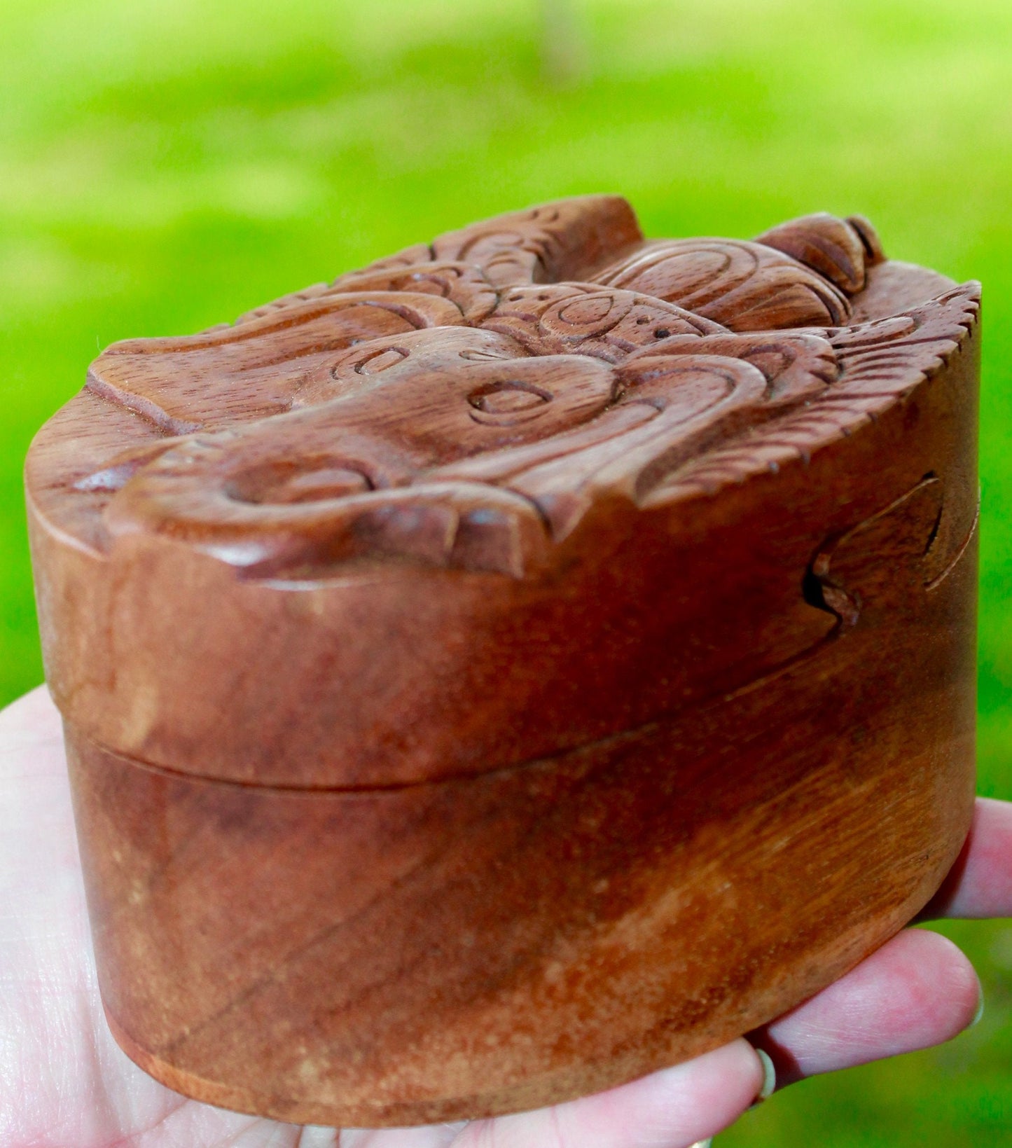Carved Ganesha Puzzle Box: Balinese Elephant Wood Stash Box