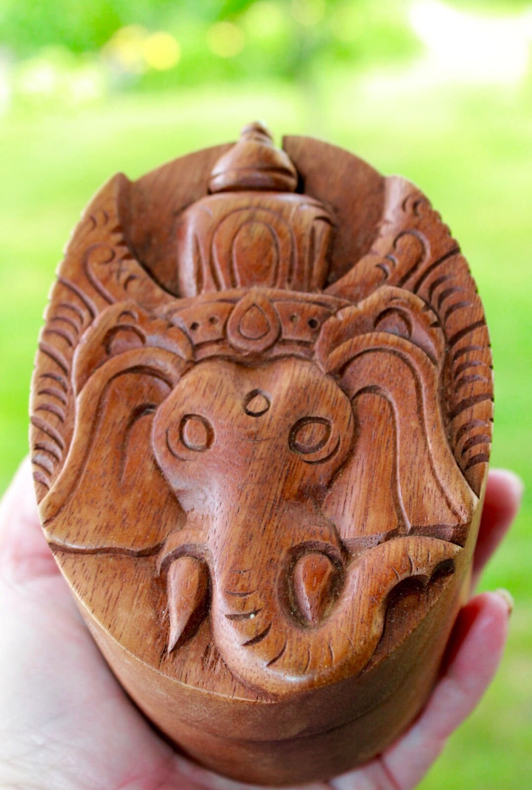 Carved Ganesha Puzzle Box: Balinese Elephant Wood Stash Box