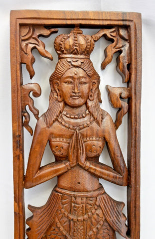 Balinese Mermaid Mystical Goddess of the South Seas Nyi Blorong Mermaid Panel Hand Carved Wood Bali Wall Art Decor