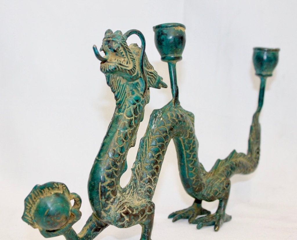 Cosmic Dragon Naga Pearl Bronze Candelabra Statue Candle holder
