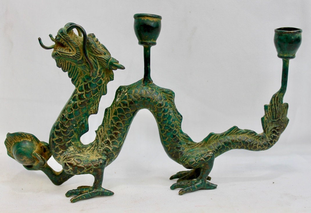 Cosmic Dragon Naga Pearl Bronze Candelabra Statue Candle holder
