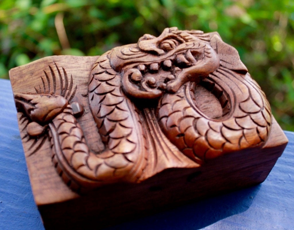 Carved Wood Dragon Secret Box: Balinese Stash Trinket Box