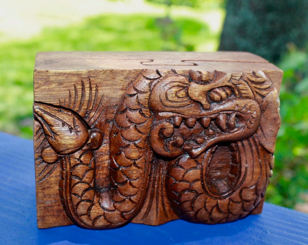 Carved Wood Dragon Secret Box: Balinese Stash Trinket Box