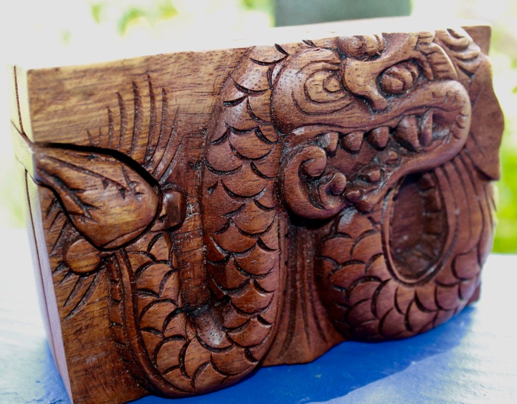 Carved Wood Dragon Secret Box: Balinese Stash Trinket Box