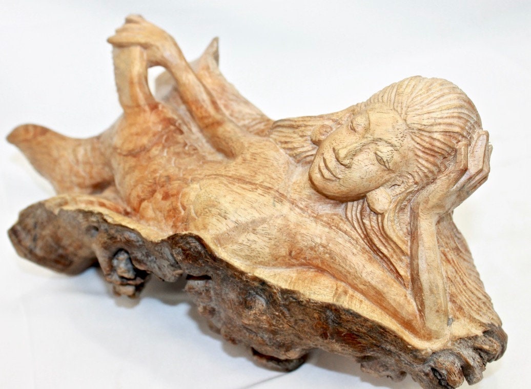 Mermaid Statue Parasite Mushroom Wood Carving Sculpture Bali Art - Acadia World Traders