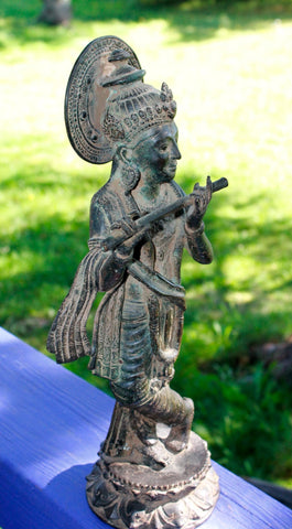 Bronze Krishna Playing Flute Statue lost wax cast sculpture Verdigris Patina Bali Hindu Art