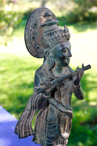 Bronze Krishna Playing Flute Statue lost wax cast sculpture Verdigris Patina Bali Hindu Art