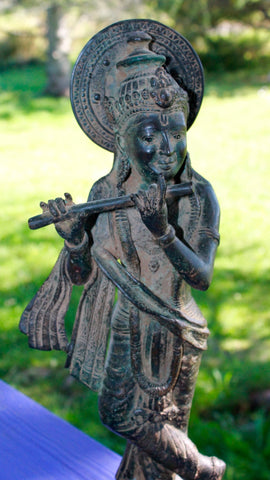 Bronze Krishna Playing Flute Statue lost wax cast sculpture Verdigris Patina Bali Hindu Art