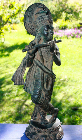 Bronze Krishna Playing Flute Statue lost wax cast sculpture Verdigris Patina Bali Hindu Art