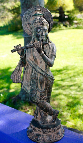 Bronze Krishna Playing Flute Statue lost wax cast sculpture Verdigris Patina Bali Hindu Art