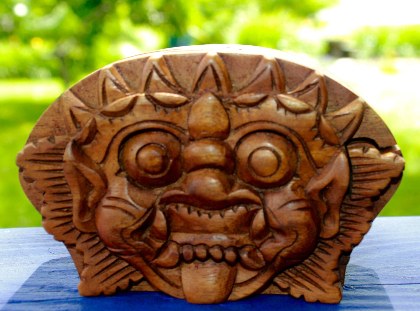 Balinese Barong Demon Wood Puzzle Box Carving: Bali Boma Secret Stash Box