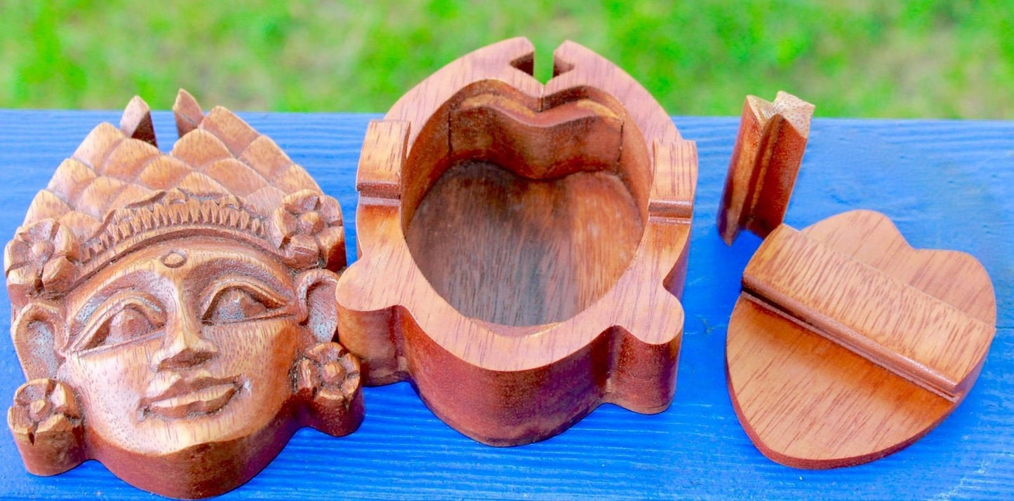 Balinese Dewi Sri Goddess Puzzle Box: Hand Carved Wood Stash Box