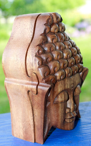 Gautama Buddha  Secret puzzle Box Stash Trinket jewelry gift box carved suar wood Bali Art