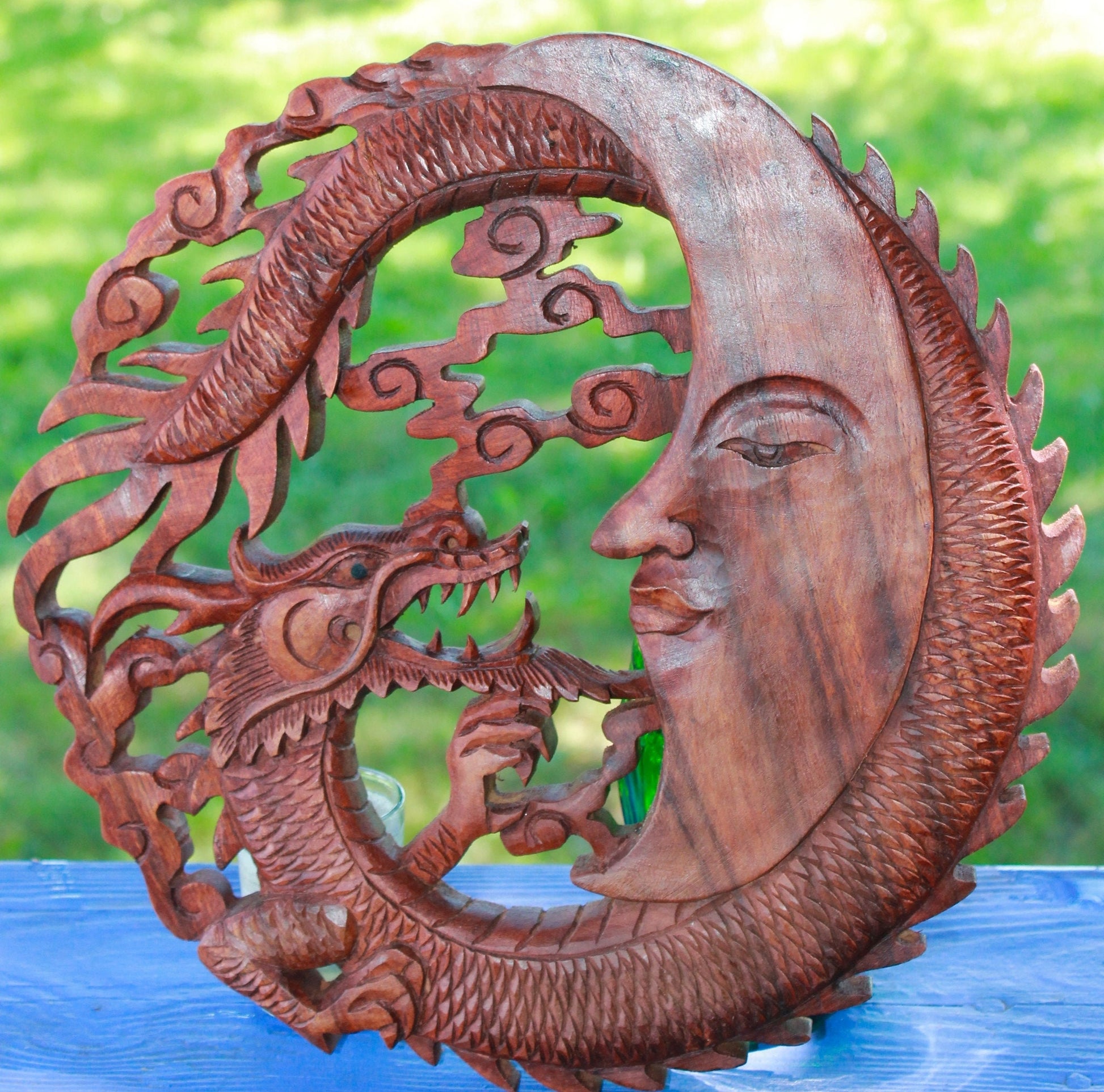 Naga Dragon & Crescent Moon Wall  Sculpture Panel Hand Carved Balinese art - Acadia World Traders