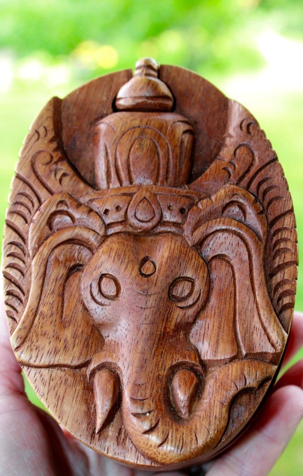 Carved Ganesha Puzzle Box: Balinese Elephant Wood Stash Box