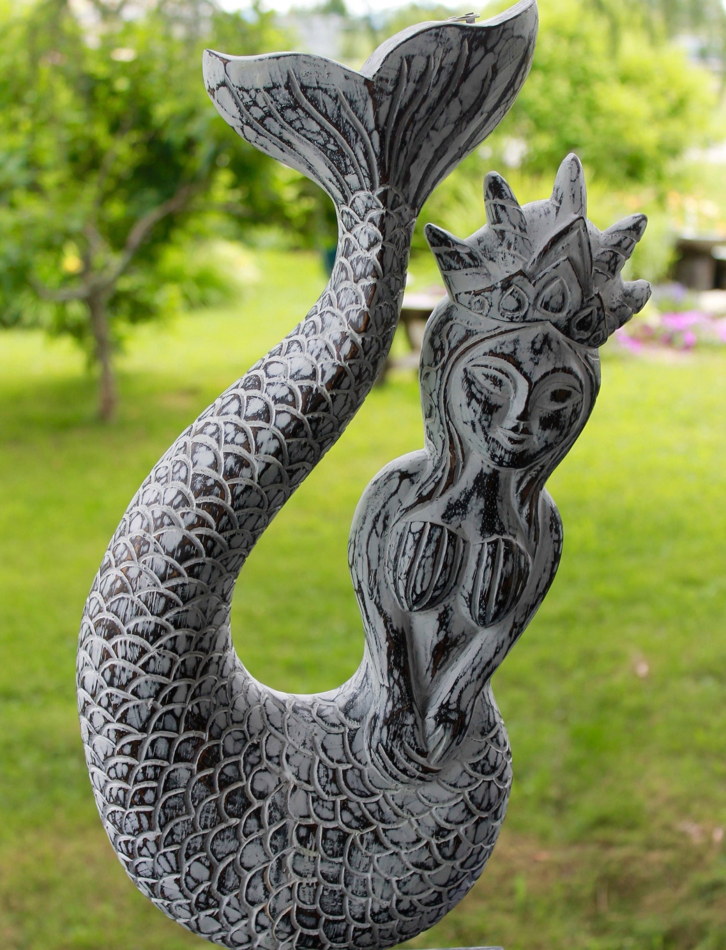 Hand Carved Whitewash Mermaid Princess Wall Art: Bali Folk Art Decor