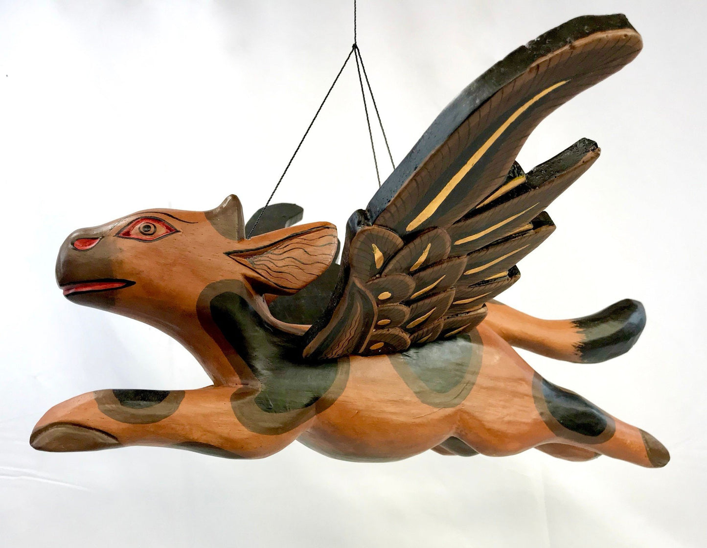 Flying Winged Cow Jumping Mobile Demon Chaser Hand Carved Wood Folk Art Boho Decor