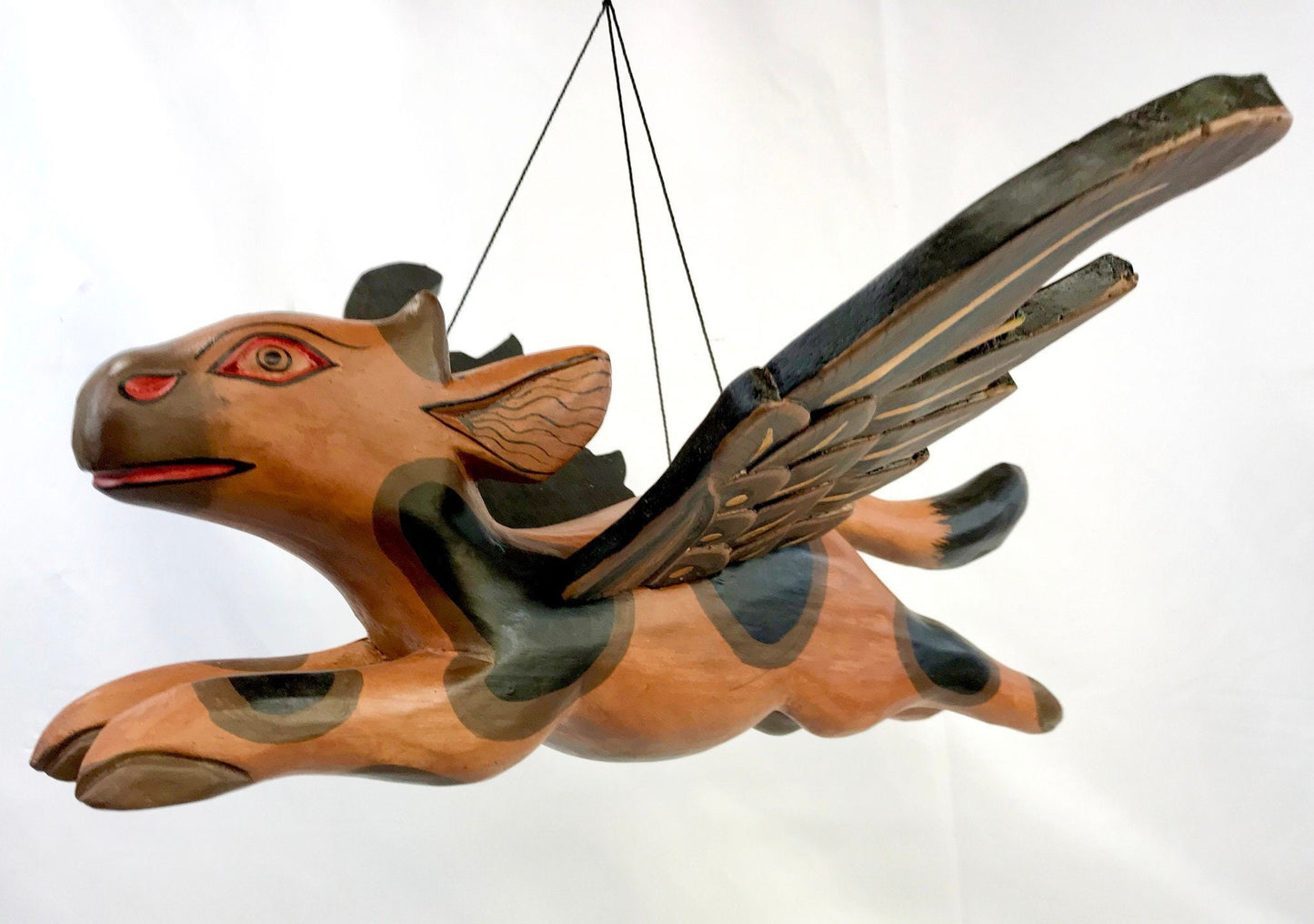 Flying Winged Cow Jumping Mobile Demon Chaser Hand Carved Wood Folk Art Boho Decor