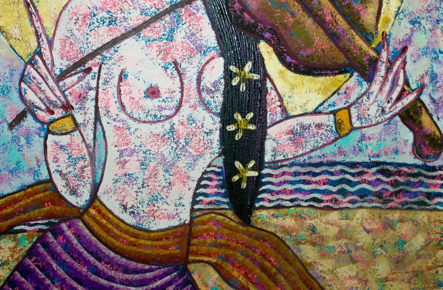 Balinese Nude Lady Lunar Moon Goddess Playing Violin Fiddle Wall Bali Art Painting Acrylic on canvas
