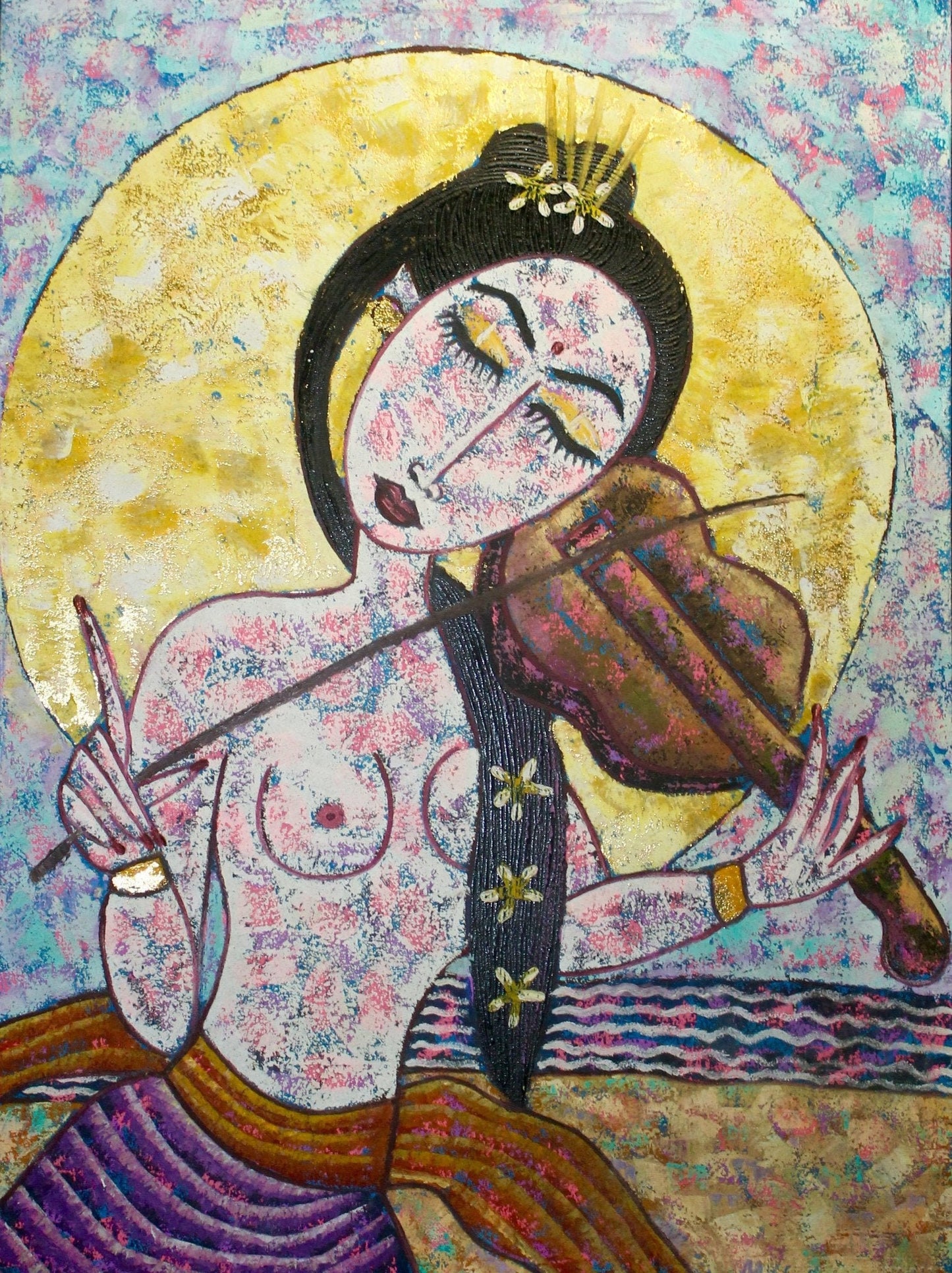 Balinese Nude Lady Lunar Moon Goddess Playing Violin Fiddle Wall Bali Art Painting Acrylic on canvas