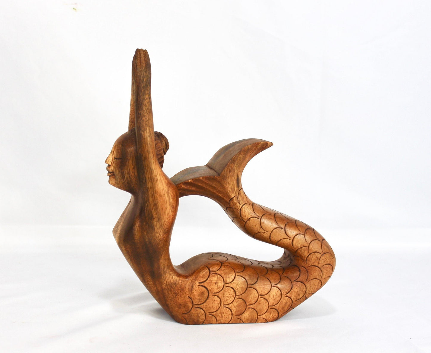 Hand Carved Wood Mermaid Sculpture, Yoga Pose Statue - Balinese Wood Carving
