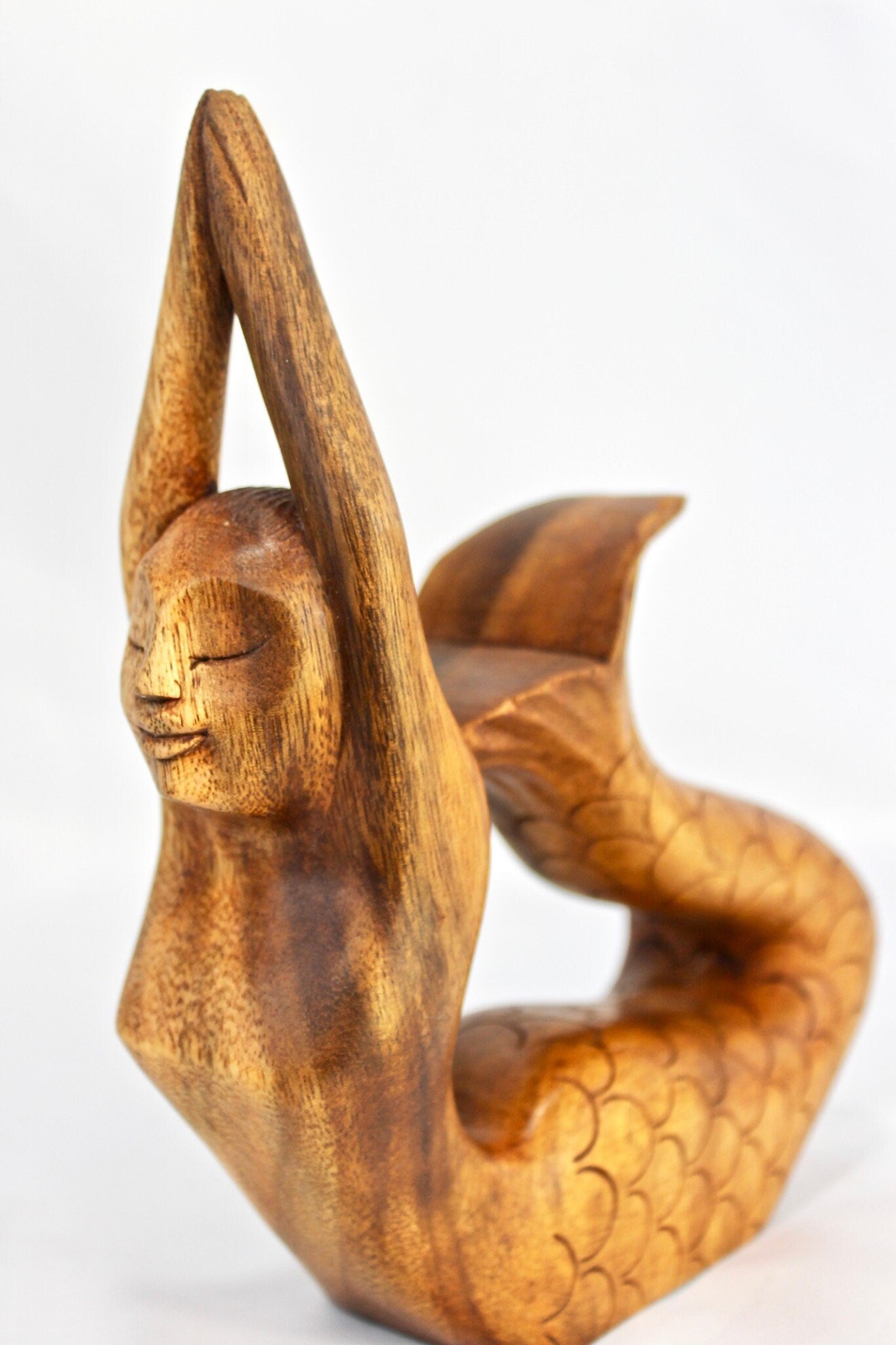 Hand Carved Wood Mermaid Sculpture, Yoga Pose Statue - Balinese Wood Carving