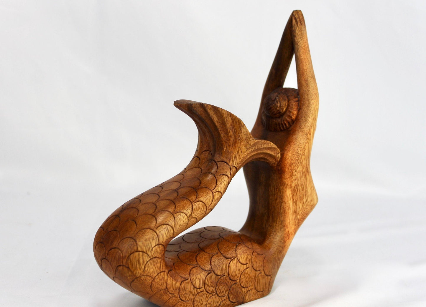 Hand Carved Wood Mermaid Sculpture, Yoga Pose Statue - Balinese Wood Carving