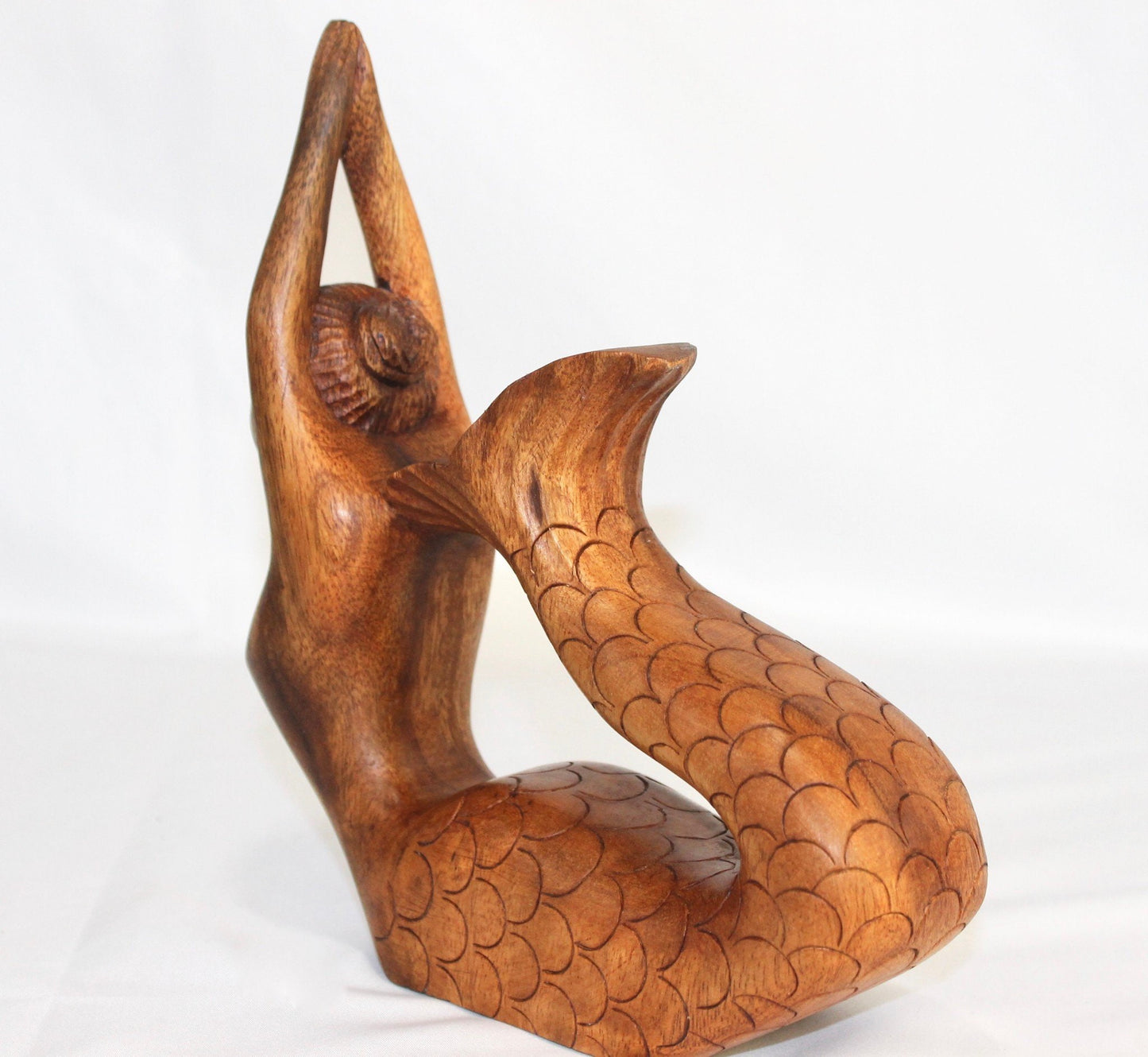 Hand Carved Wood Mermaid Sculpture, Yoga Pose Statue - Balinese Wood Carving