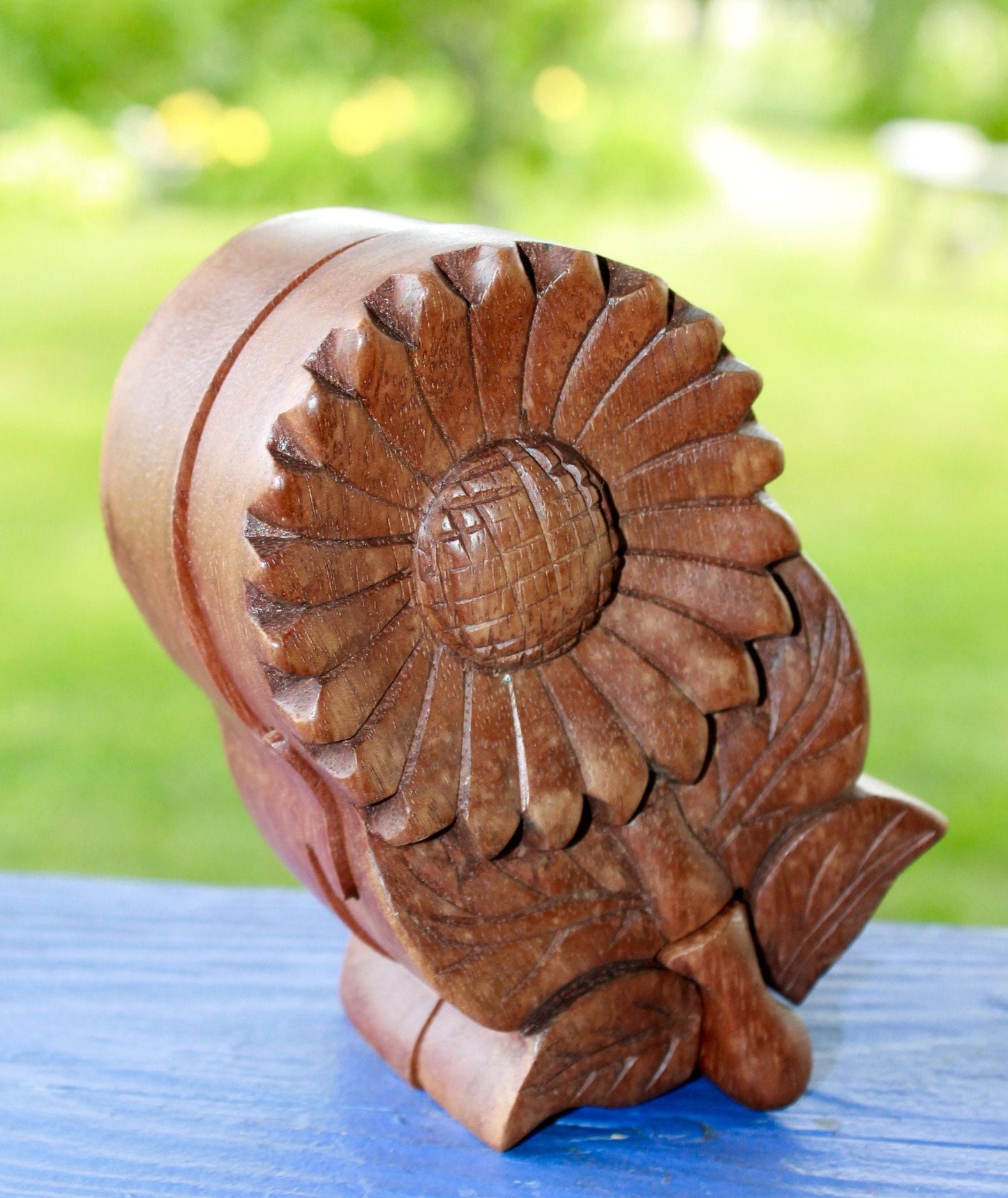 Sunflower Daisy Flower Secret Puzzle Box Jewelry gift box Trinket Stash Box Hand Carved Wood Marguerite Bali art Handmade - Acadia World Traders