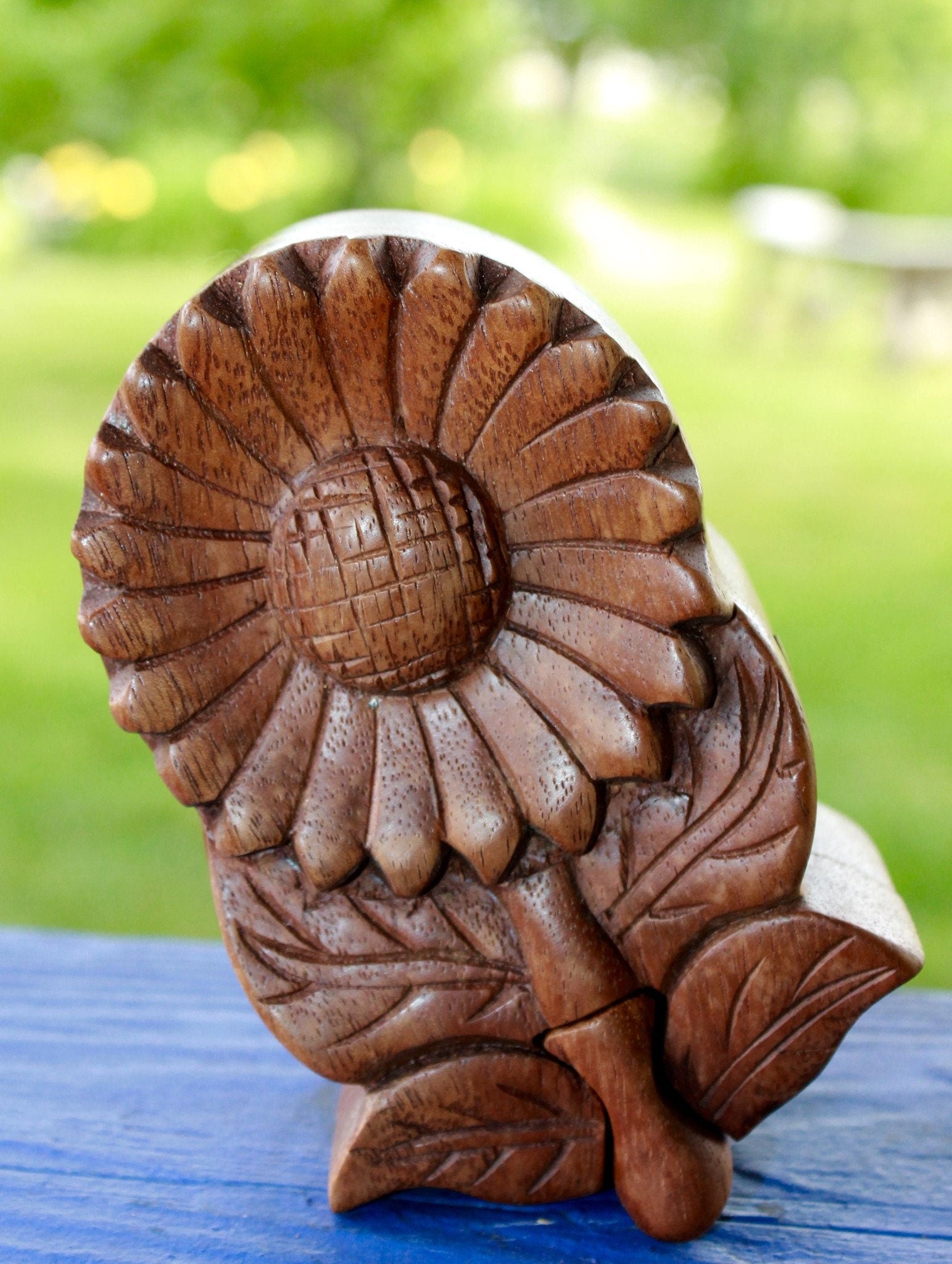Sunflower Daisy Flower Secret Puzzle Box Jewelry gift box Trinket Stash Box Hand Carved Wood Marguerite Bali art Handmade - Acadia World Traders