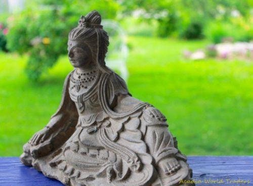 Resting Guanyin Kwan Yin Garden Art Statue Bodhisattva Buddha Goddess of Mercy Cast Lava Stone Sculpture Handmade Boho eclectic Decor - Acadia World Traders