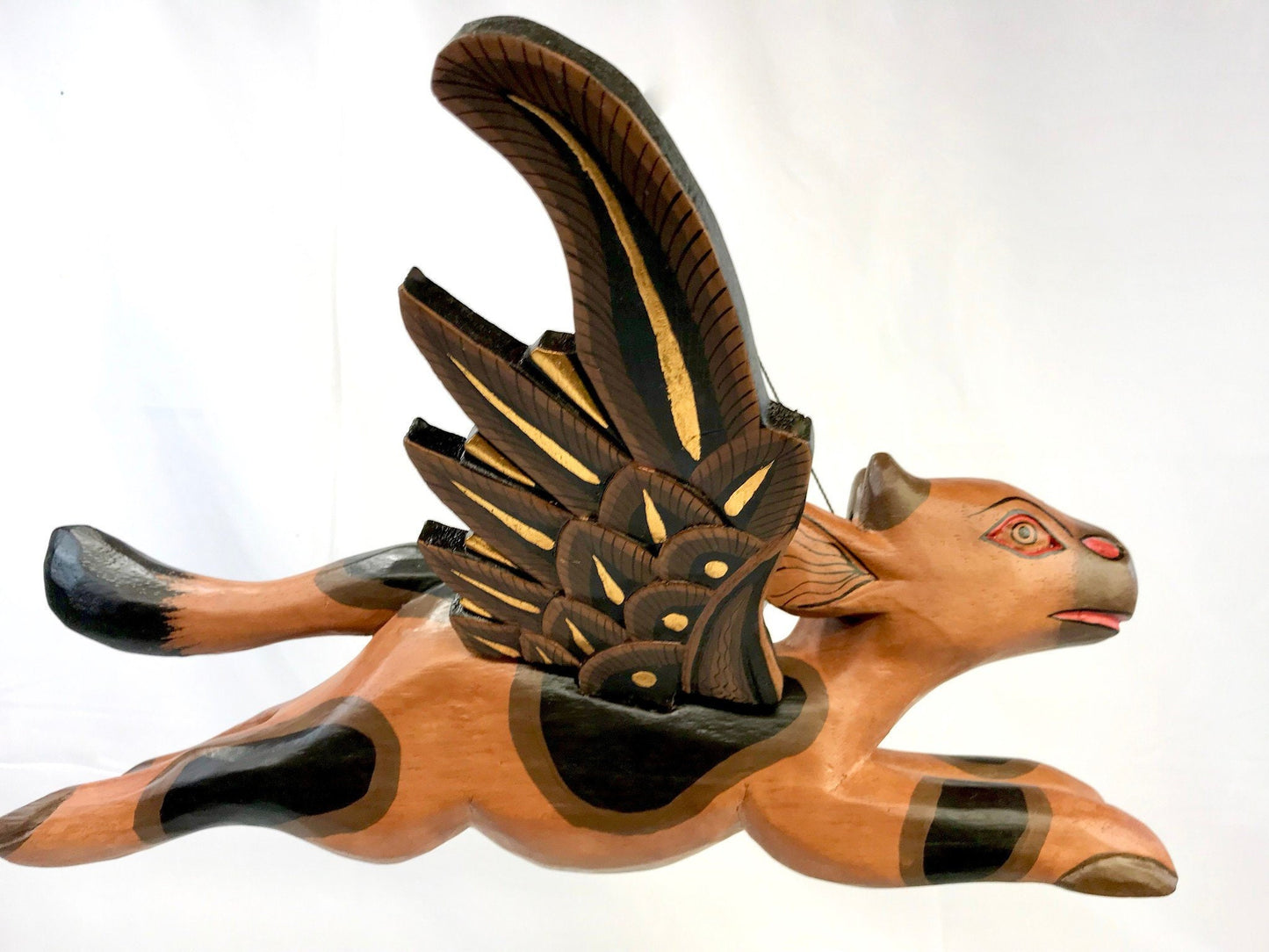 Flying Winged Cow Jumping Mobile Demon Chaser Hand Carved Wood Folk Art Boho Decor