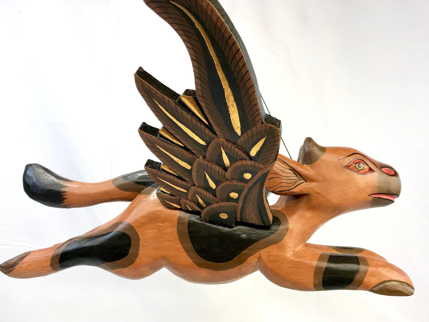 Flying Winged Cow Jumping Mobile Demon Chaser Hand Carved Wood Folk Art Boho Decor