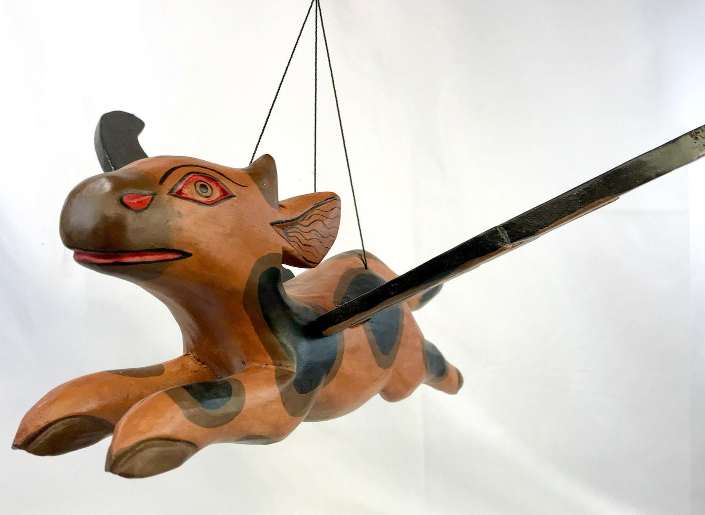 Flying Winged Cow Jumping Mobile Demon Chaser Hand Carved Wood Folk Art Boho Decor