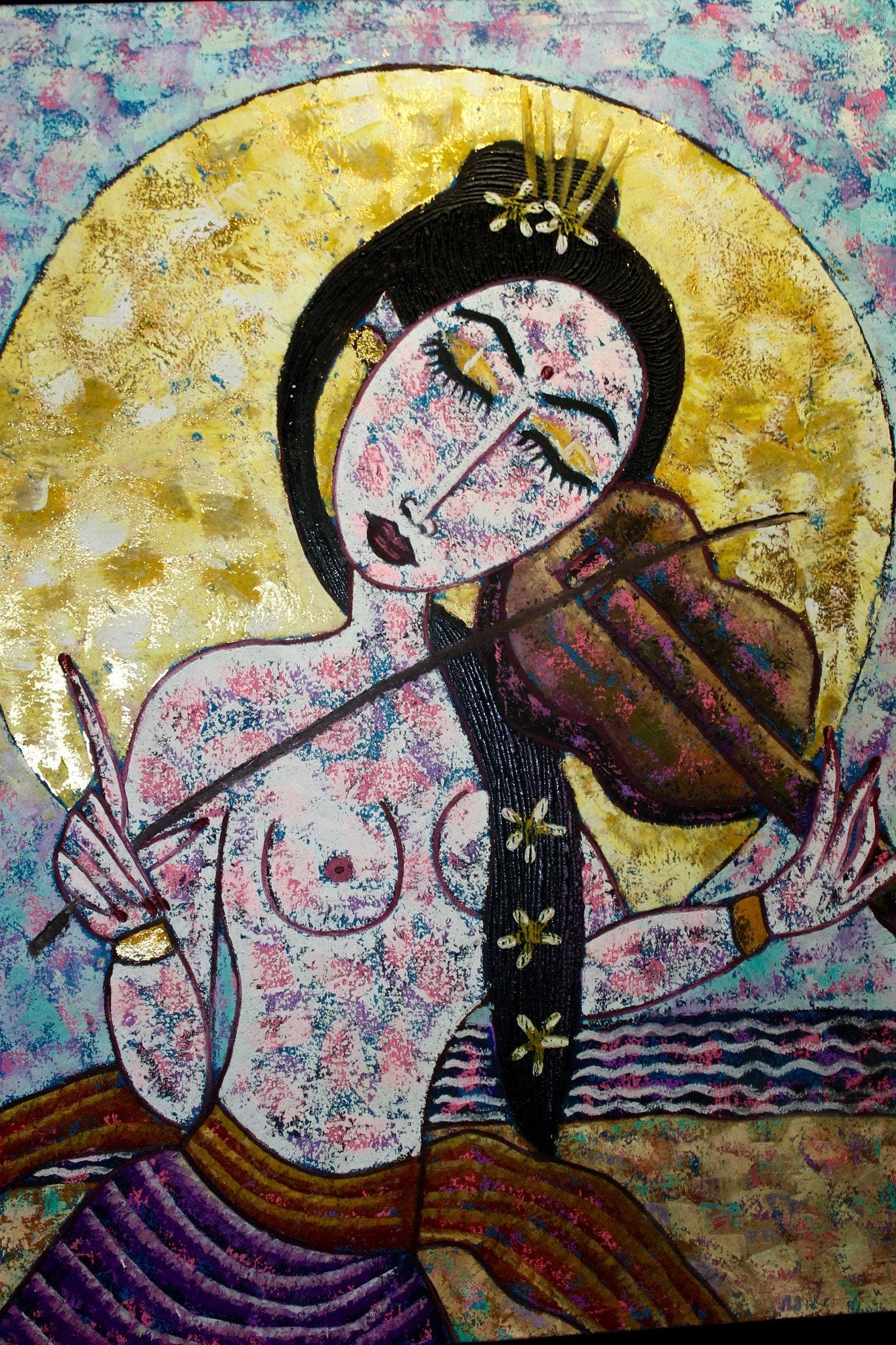 Balinese Nude Lady Lunar Moon Goddess Playing Violin Fiddle Wall Bali Art Painting Acrylic on canvas